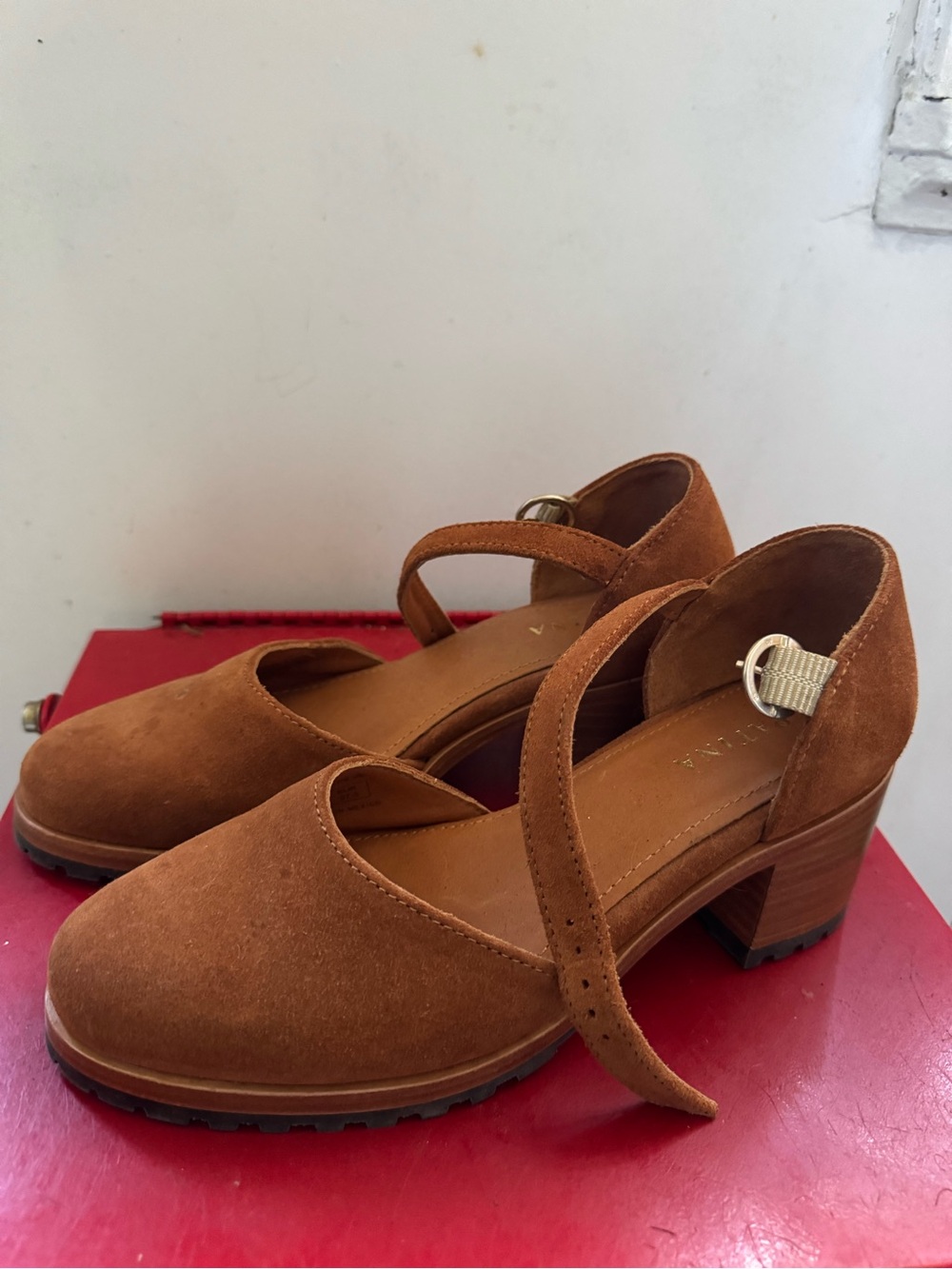 Women's Cognac Suede Mary Jane Block Heel Pumps with Buckle